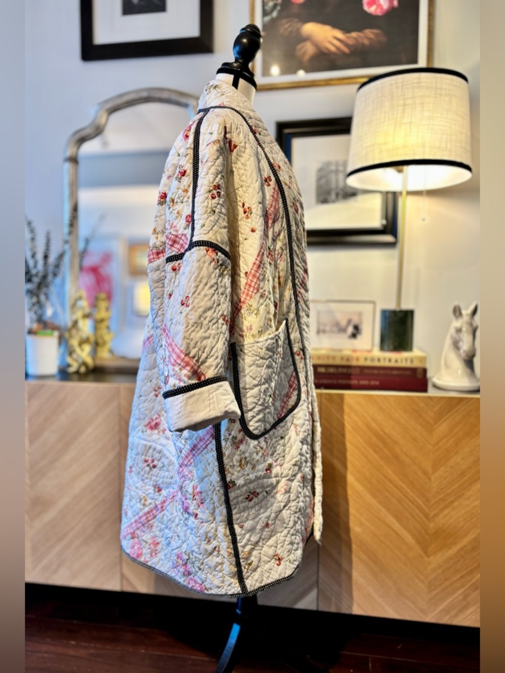 💗SOLD💗 HANDMADE Quilted Floral and Patchwork Long Coat in Cream and Pink O/S - Picture 7 of 16